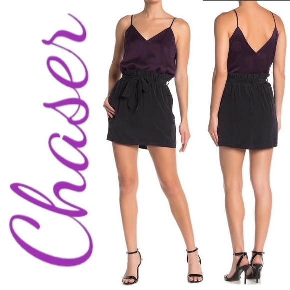 NWT CHASER Black 100% Silk Paper Bag Mini Skirt, Size Small - Picture 1 of 11